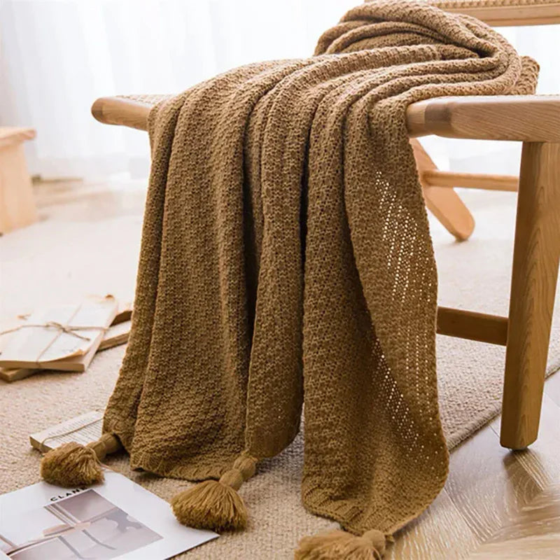 plaid macramé marron clair à pompons
