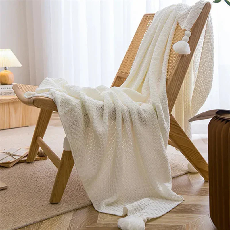 plaid macramé blanc à pompons